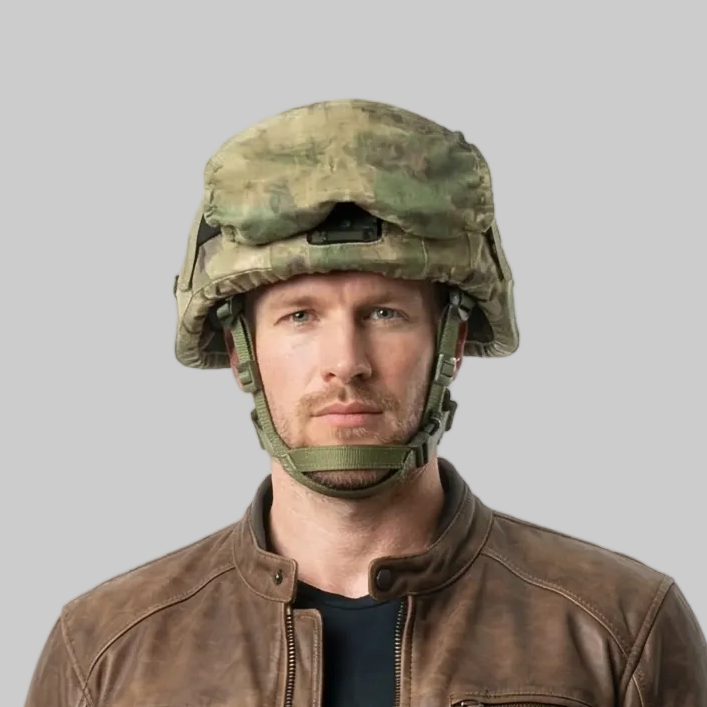 Man wearing a tactical Russian Army 6B47 helmet replica with an EMR digital camouflage cover.