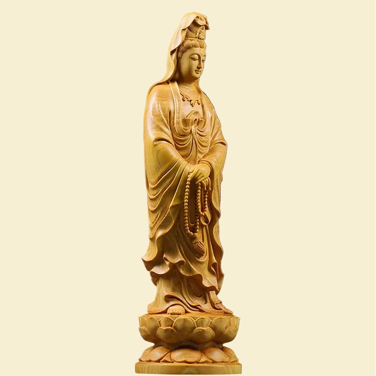 Bring peace to your space with our hand-carved Guanyin statue. Made from premium cypress wood, this Goddess of Mercy figurine is perfect for Feng Shui & Zen decor.