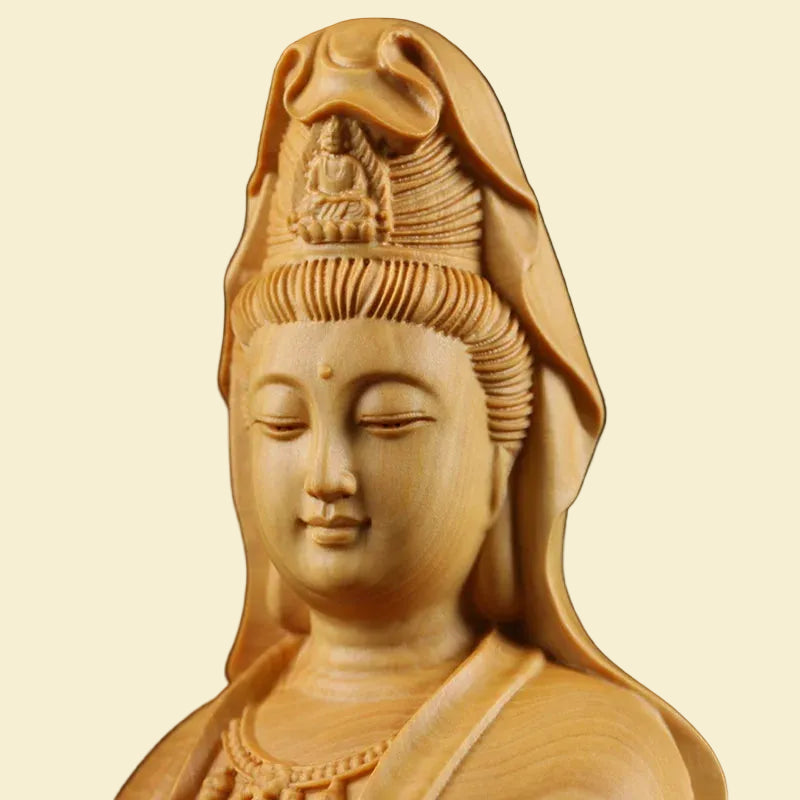 Bring peace to your space with our hand-carved Guanyin statue. Made from premium cypress wood, this Goddess of Mercy figurine is perfect for Feng Shui & Zen decor.