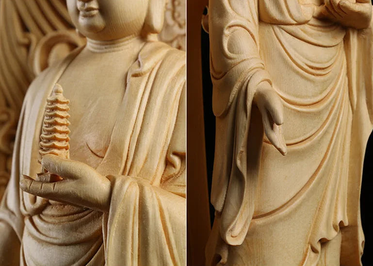 Intricate hand-carved wood details of Medicine Buddha Bhaisajyaguru