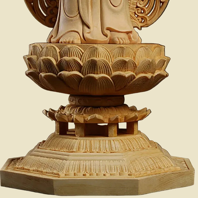 Intricate hand-carved wood details of Medicine Buddha Bhaisajyaguru