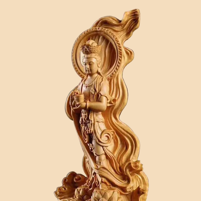 Hand-carved solid wood Sea-Crossing Guanyin statue, Goddess of Mercy, perfect for Feng Shui and Zen home decor.