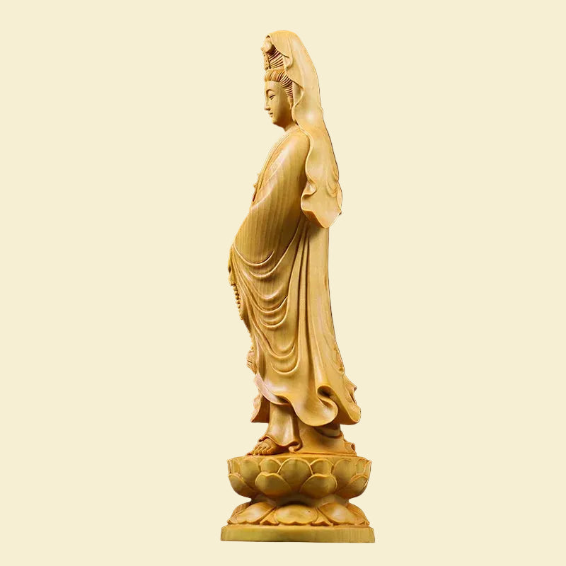 Bring peace to your space with our hand-carved Guanyin statue. Made from premium cypress wood, this Goddess of Mercy figurine is perfect for Feng Shui & Zen decor.