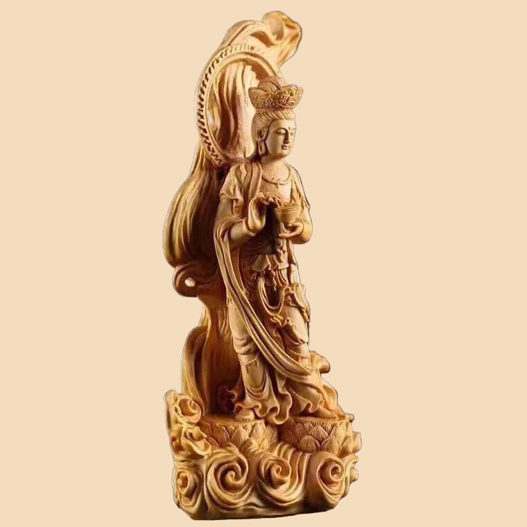 Hand-carved solid wood Sea-Crossing Guanyin statue, Goddess of Mercy, perfect for Feng Shui and Zen home decor.