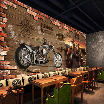 Retro Motorcycle Brick Mural Wallpaper