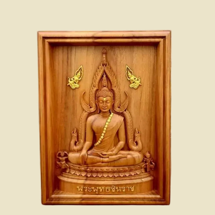 Hand-carved Golden Teak wood plaque of the Thai Success Buddha (Phra Phuttha Chinnarat)