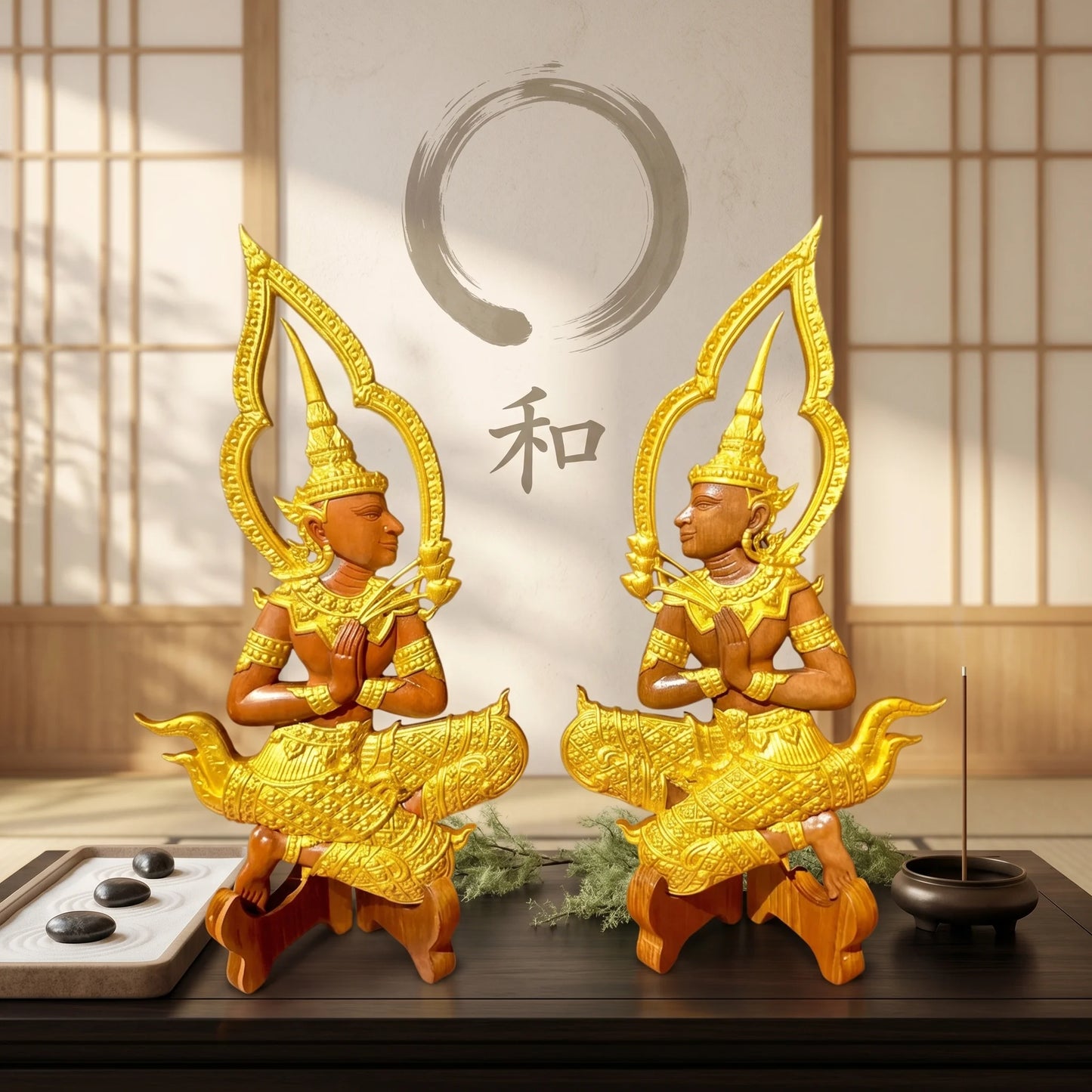 Paar handgeschnitzter buddhistischer Schutzengelstatuen aus Teakholz
