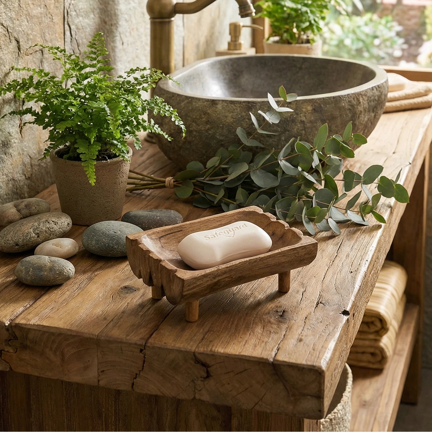 Hand-carved teak wood soap dish with raised legs for drainage, featuring natural wood grain and a rustic artisan design.