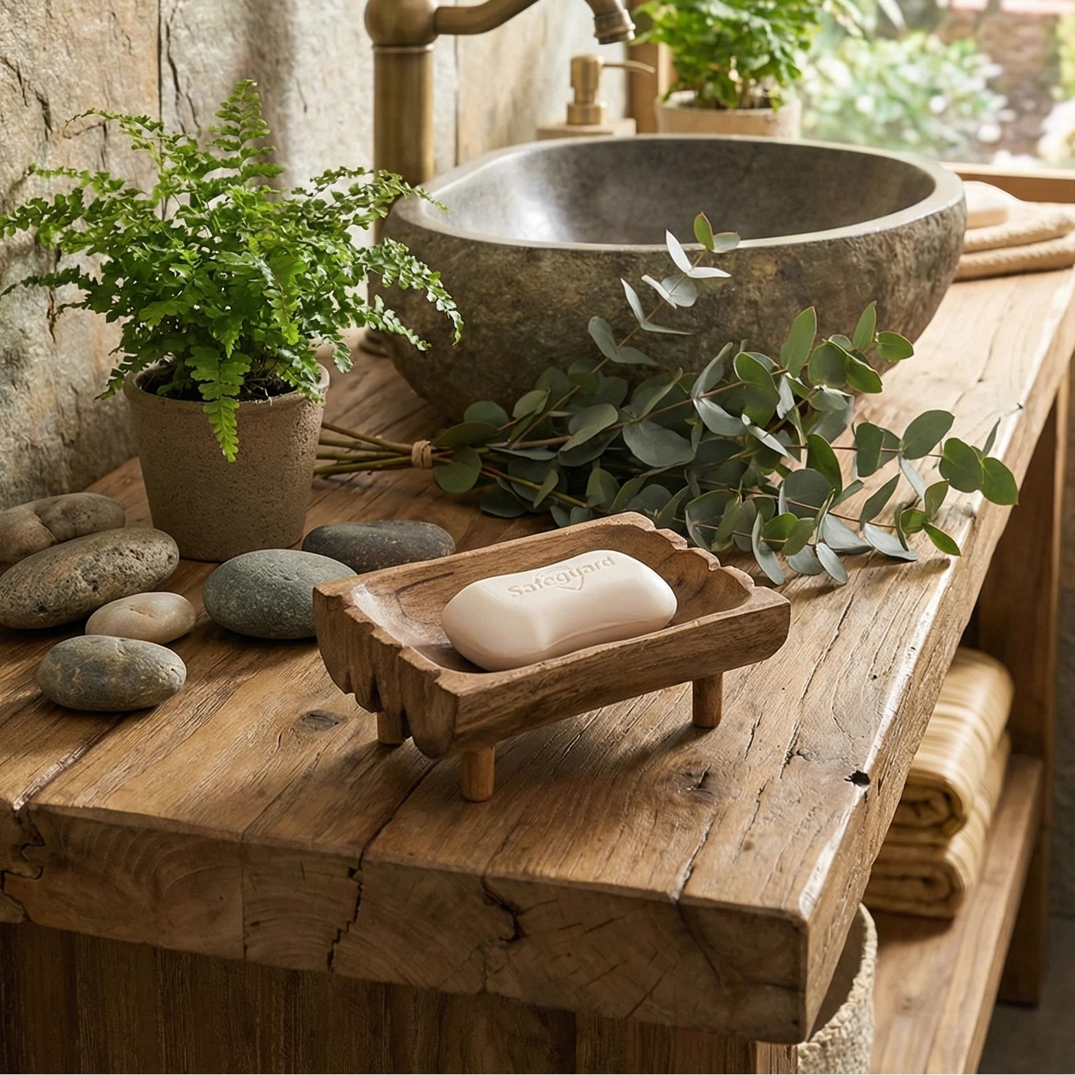 Hand-carved teak wood soap dish with raised legs for drainage, featuring natural wood grain and a rustic artisan design.