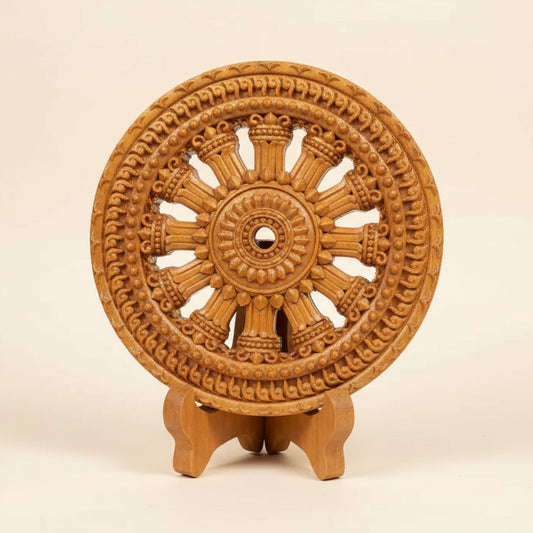Hand-carved golden teak wood Dharmachakra (Wheel of Dharma) with a matching display stand, perfect for Zen and spiritual home decor.