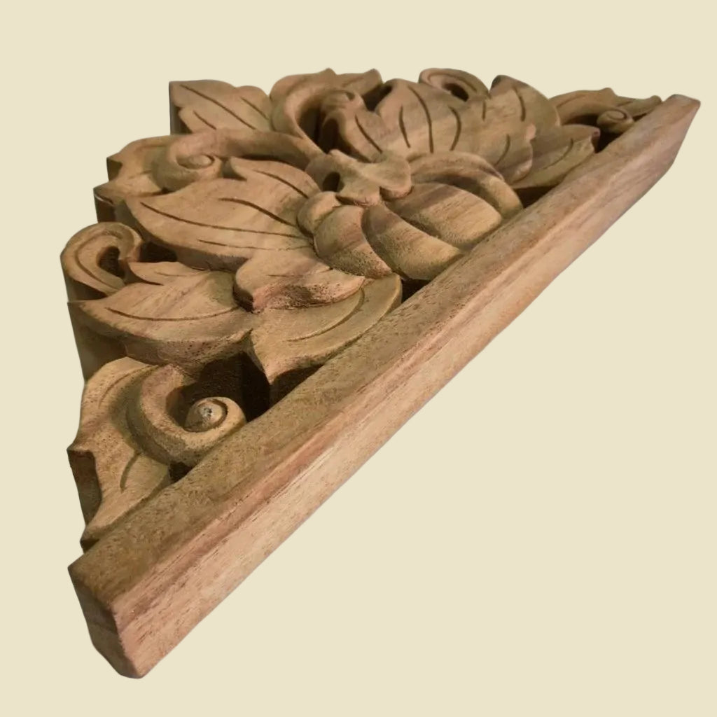 Hand-carved solid teak wood corbel featuring traditional Thai floral motifs, measuring 15 by 7 inches.