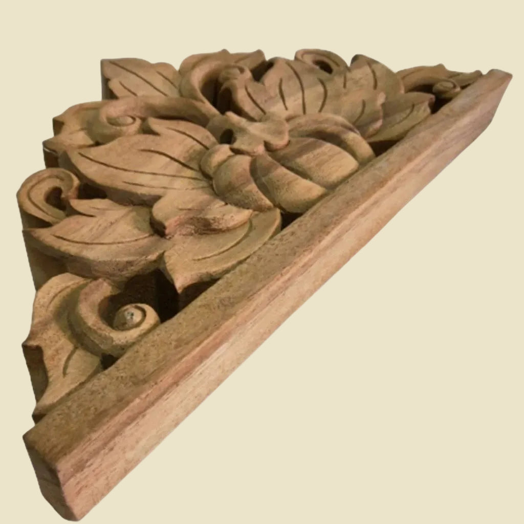 Hand-carved solid teak wood corbel featuring traditional Thai floral motifs, measuring 15 by 7 inches.