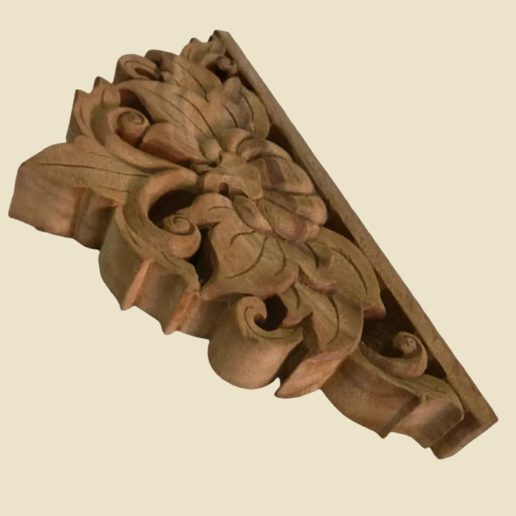 Hand-carved solid teak wood corbel featuring traditional Thai floral motifs, measuring 15 by 7 inches.