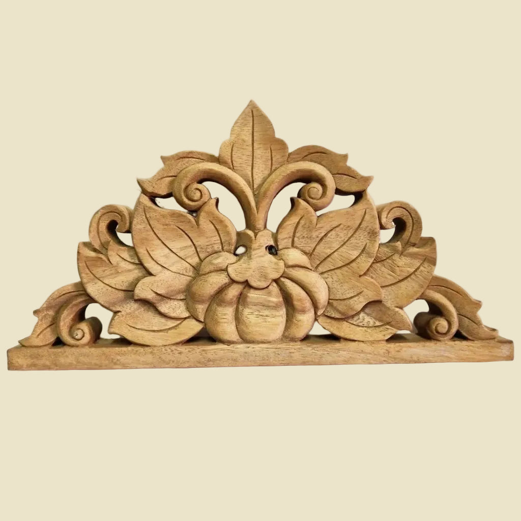 Hand-carved solid teak wood corbel featuring traditional Thai floral motifs, measuring 15 by 7 inches.