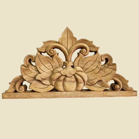 Hand-carved solid teak wood corbel featuring traditional Thai floral motifs, measuring 15 by 7 inches.