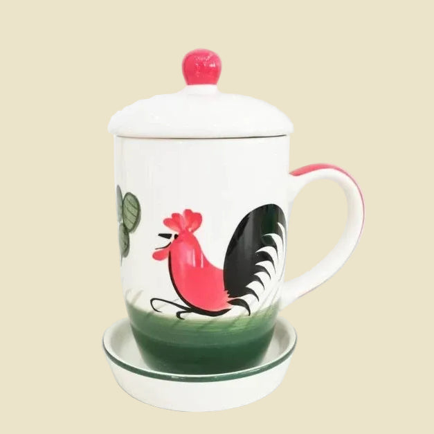 Hand-painted ceramic coffee mug with lid and saucer from Lampang, featuring blue and white artisan patterns, 13oz stoneware.