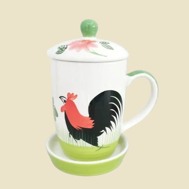 Hand-painted ceramic coffee mug with lid and saucer from Lampang, featuring blue and white artisan patterns, 13oz stoneware.