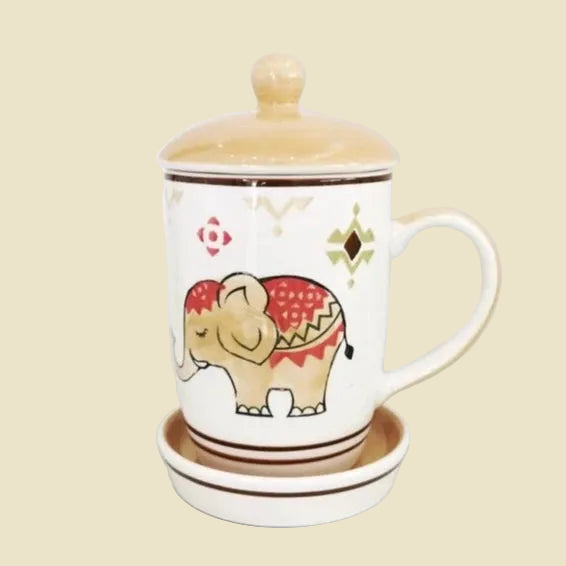 Hand-painted ceramic coffee mug with lid and saucer from Lampang, featuring blue and white artisan patterns, 13oz stoneware.