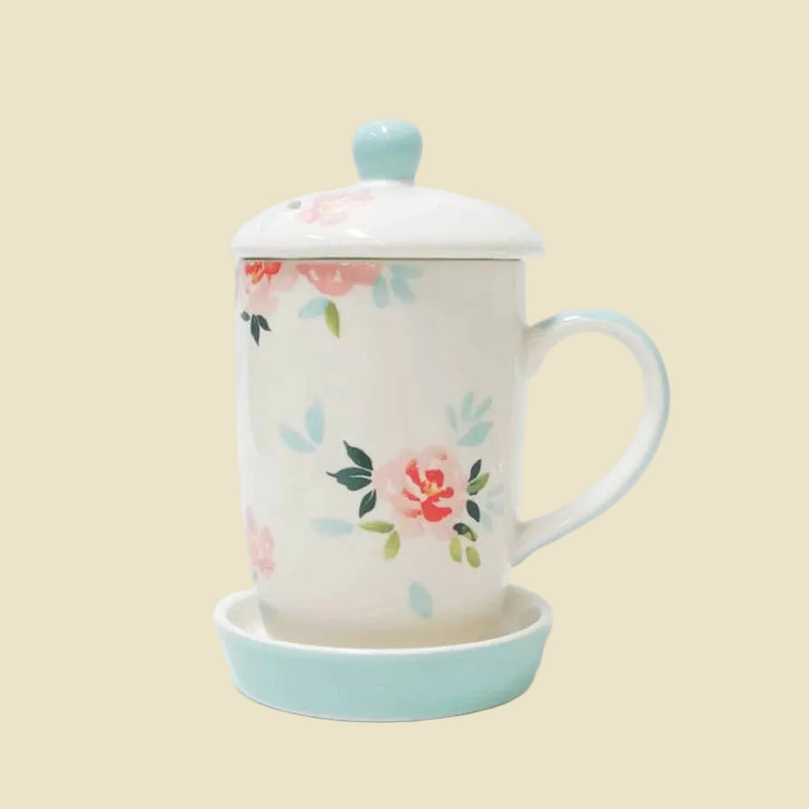 Hand-painted ceramic coffee mug with lid and saucer from Lampang, featuring blue and white artisan patterns, 13oz stoneware.