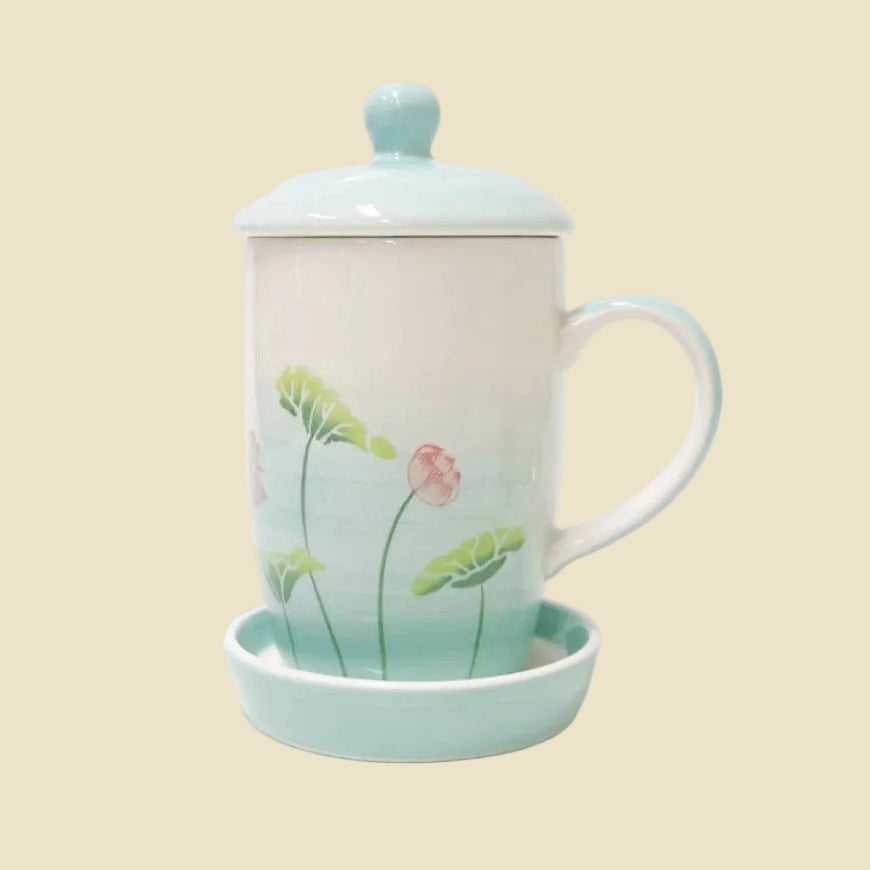 Hand-painted ceramic coffee mug with lid and saucer from Lampang, featuring blue and white artisan patterns, 13oz stoneware.