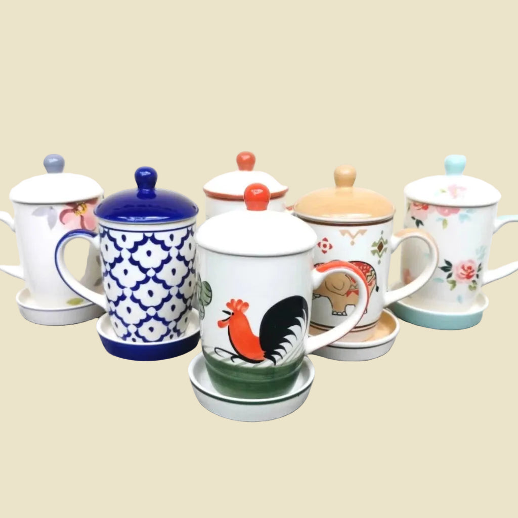 Hand-painted ceramic coffee mug with lid and saucer from Lampang, featuring blue and white artisan patterns, 13oz stoneware.