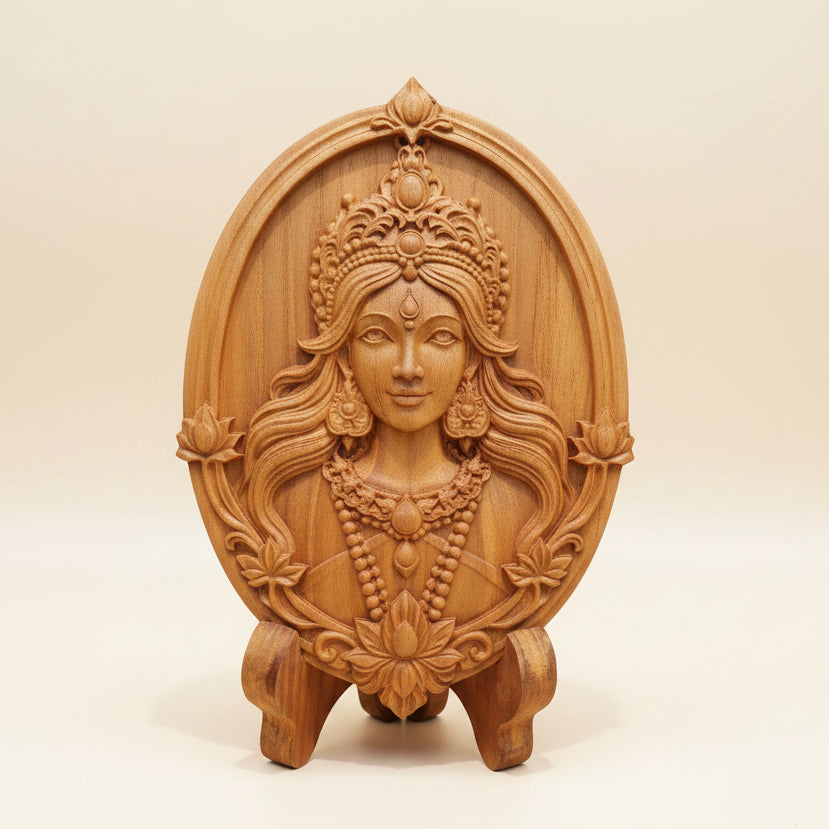 Handcrafted Lakshmi god of wealth statue in golden teak