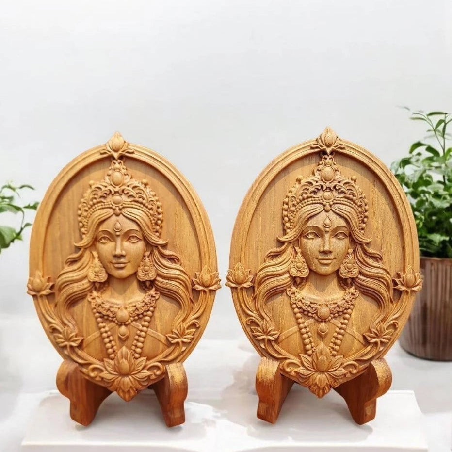 Handcrafted Lakshmi god of wealth statue in golden teak