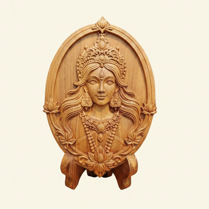 Handcrafted Lakshmi god of wealth statue in golden teak