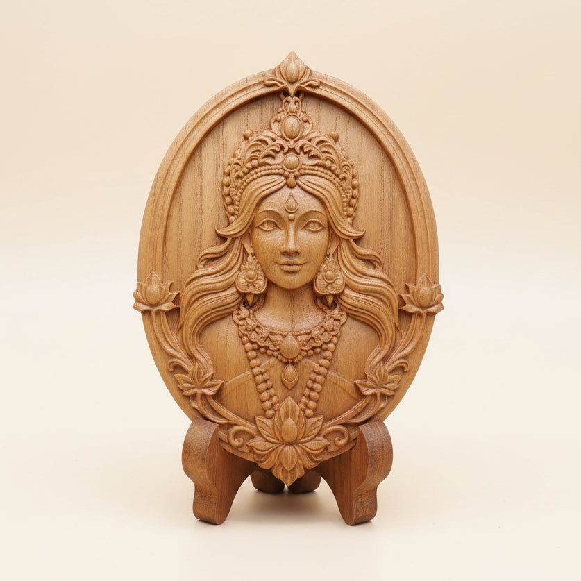 Handcrafted Lakshmi god of wealth statue in golden teak
