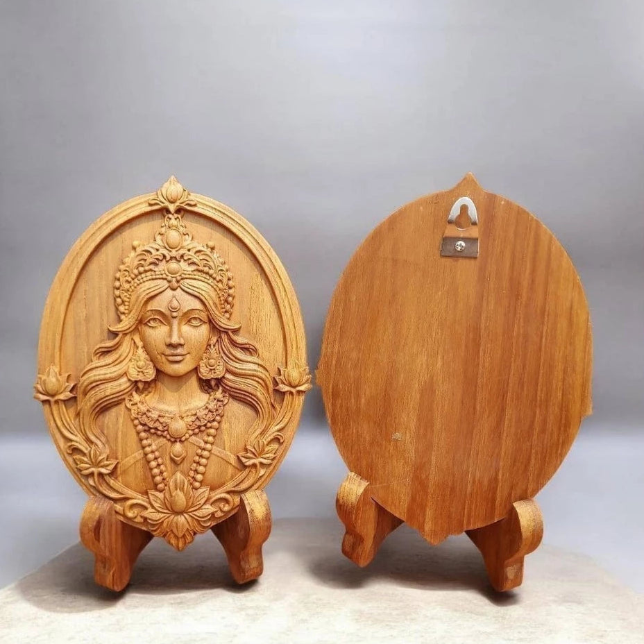 Handcrafted Lakshmi god of wealth statue in golden teak
