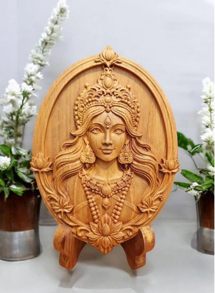 Handcrafted Lakshmi god of wealth statue in golden teak