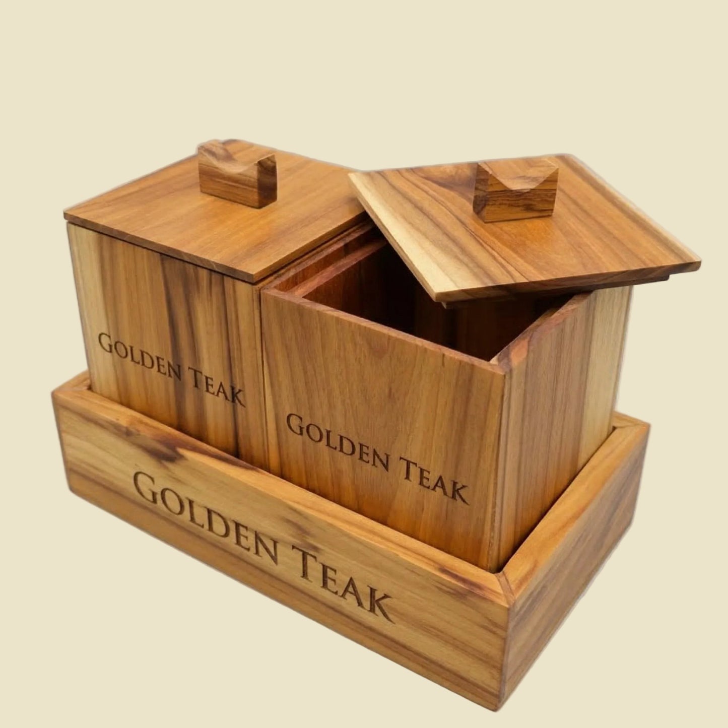 Personalized Thai Golden Teak spice box with custom laser-engraved name, showing detailed wood craftsmanship and unique grain.