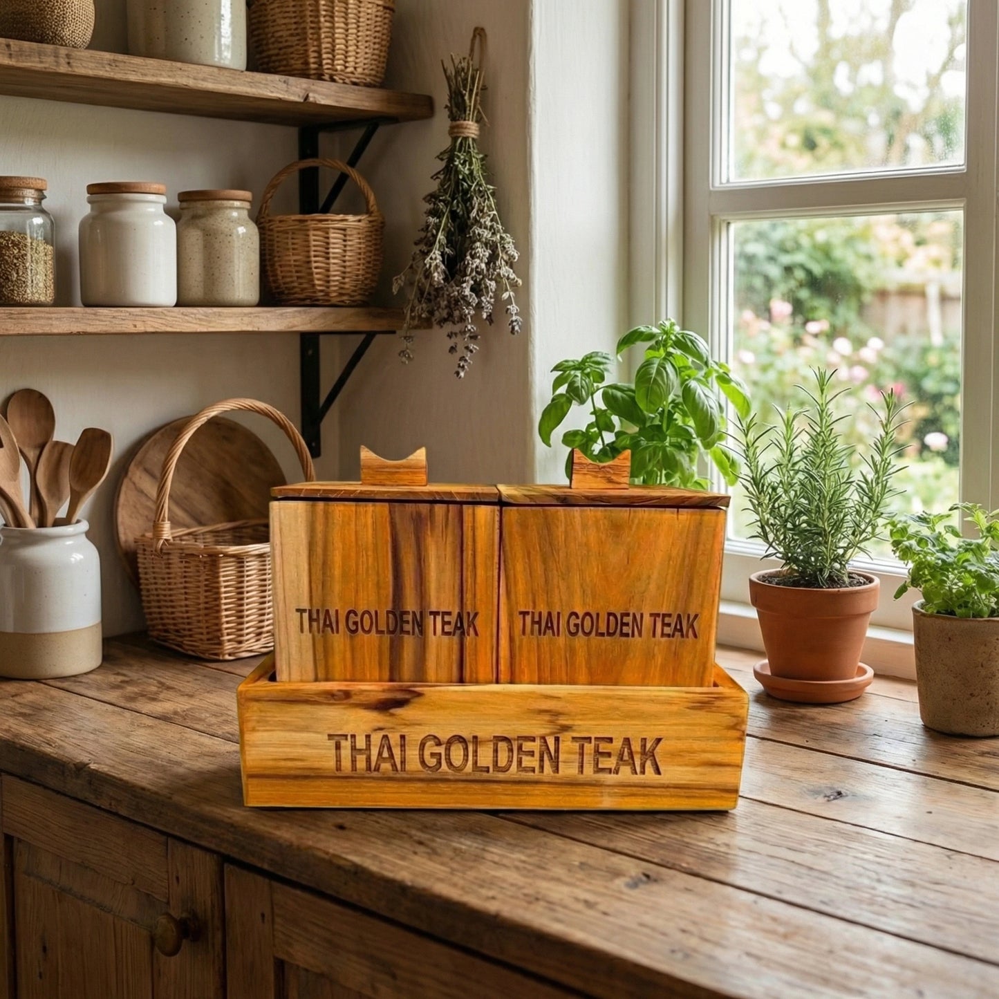 Personalized Thai Golden Teak spice box with custom laser-engraved name, showing detailed wood craftsmanship and unique grain.