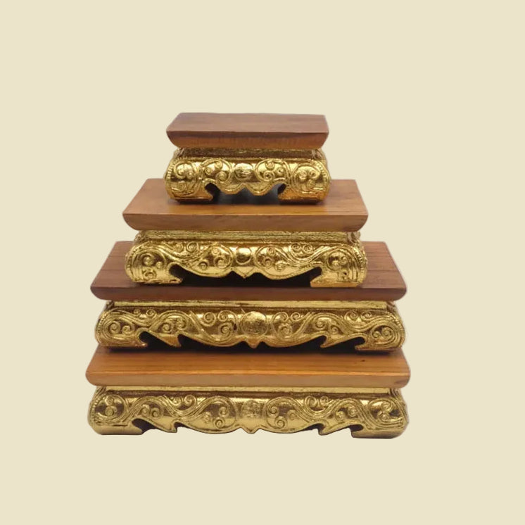 Size XL handcrafted Thai teak wood Buddha pedestal (20 x 12.5 x 5 cm) with gold leaf accents for home altar and office decor.