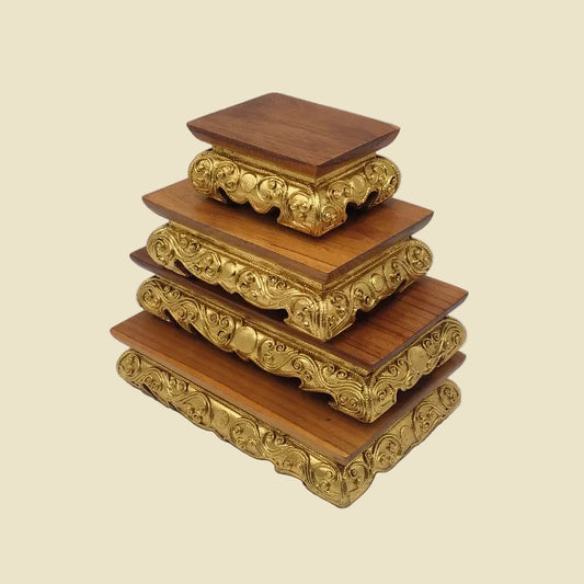 Size XL handcrafted Thai teak wood Buddha pedestal (20 x 12.5 x 5 cm) with gold leaf accents for home altar and office decor.