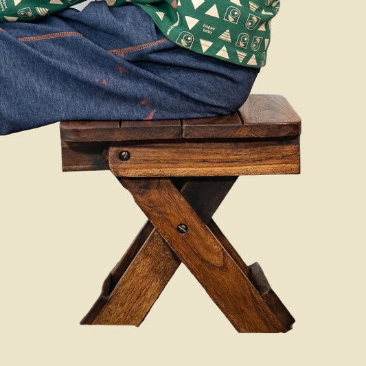 Handcrafted Thai teak wood shower bench and folding stool, durable outdoor furniture for bathroom, garden, and camping.