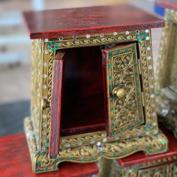 Handcrafted authentic solid wood altar stand and display pedestal with a hidden storage cabinet.