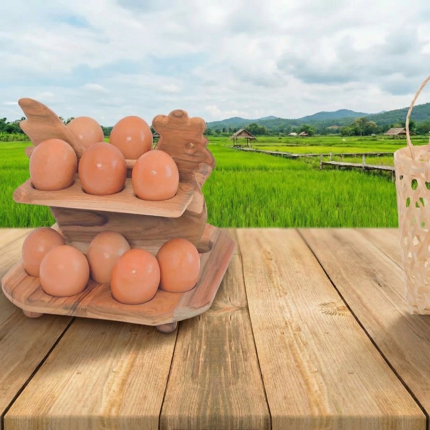 Teak Wood Chicken Egg Rack - 16-Slot Farmhouse Decor