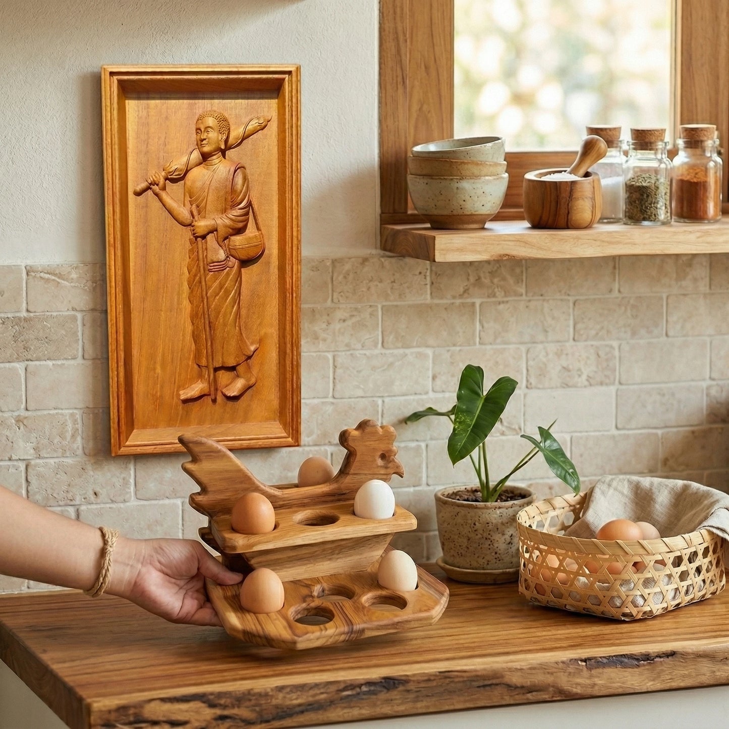 Teak Wood Chicken Egg Rack - 16-Slot Farmhouse Decor