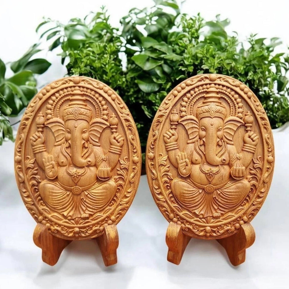 Handcrafted golden teak wood Ganesha statue for home decor