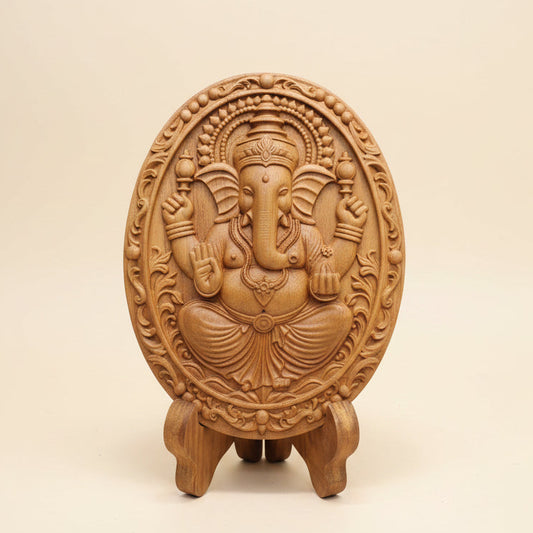 Handcrafted golden teak wood Ganesha statue for home decor