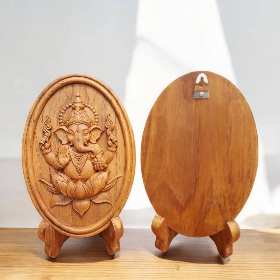 Handcrafted golden teak wood Ganesha statue for home decor