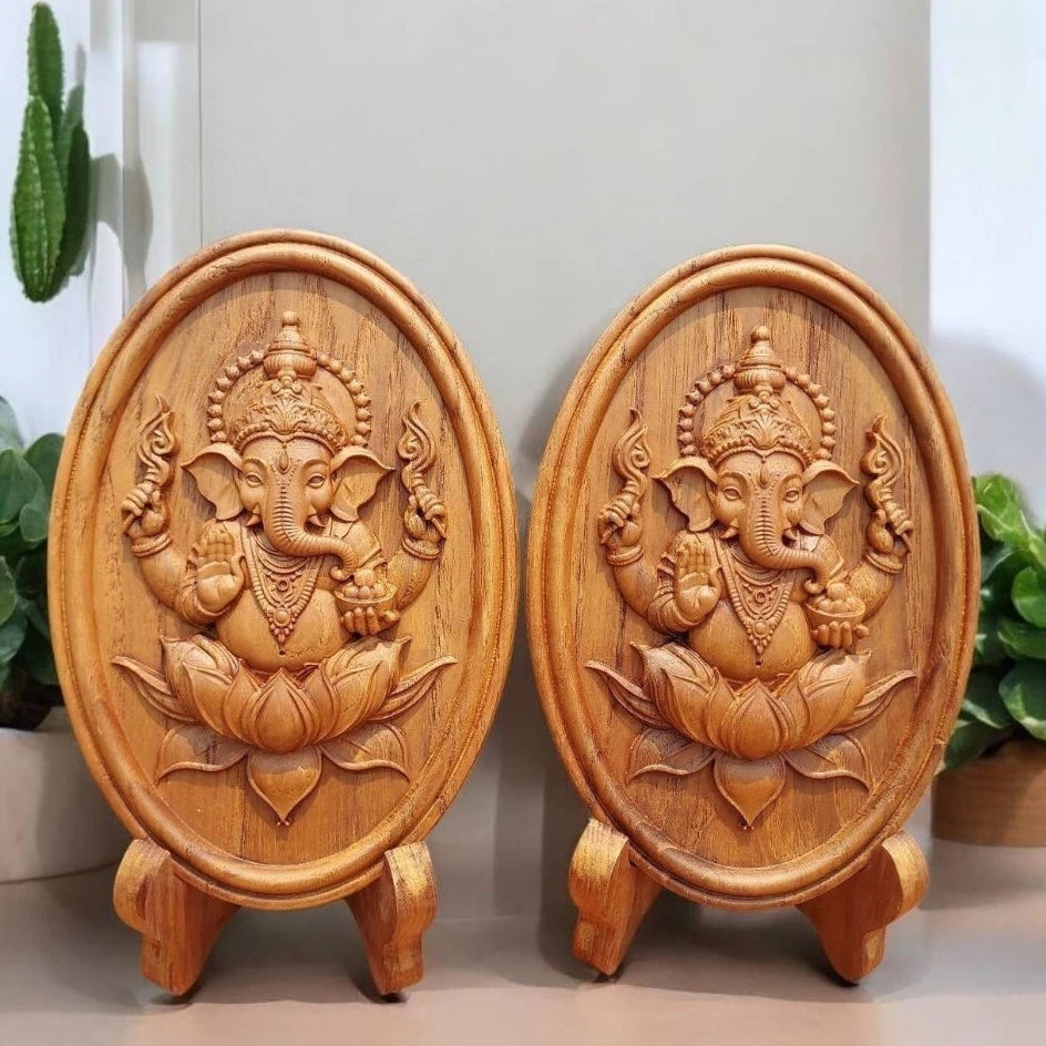 Handcrafted golden teak wood Ganesha statue for home decor