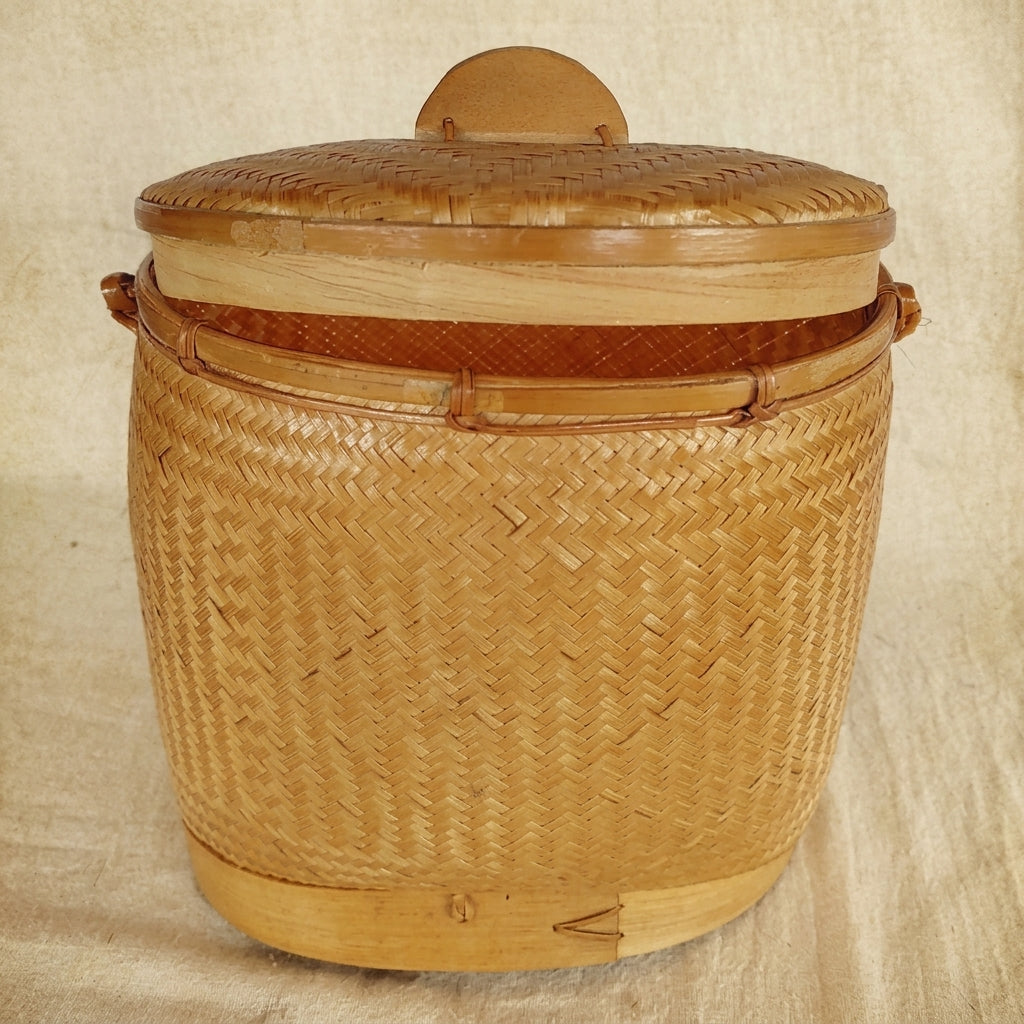 Handmade Oval Bamboo Basket Bag – Vintage Woven Handbag with Lid