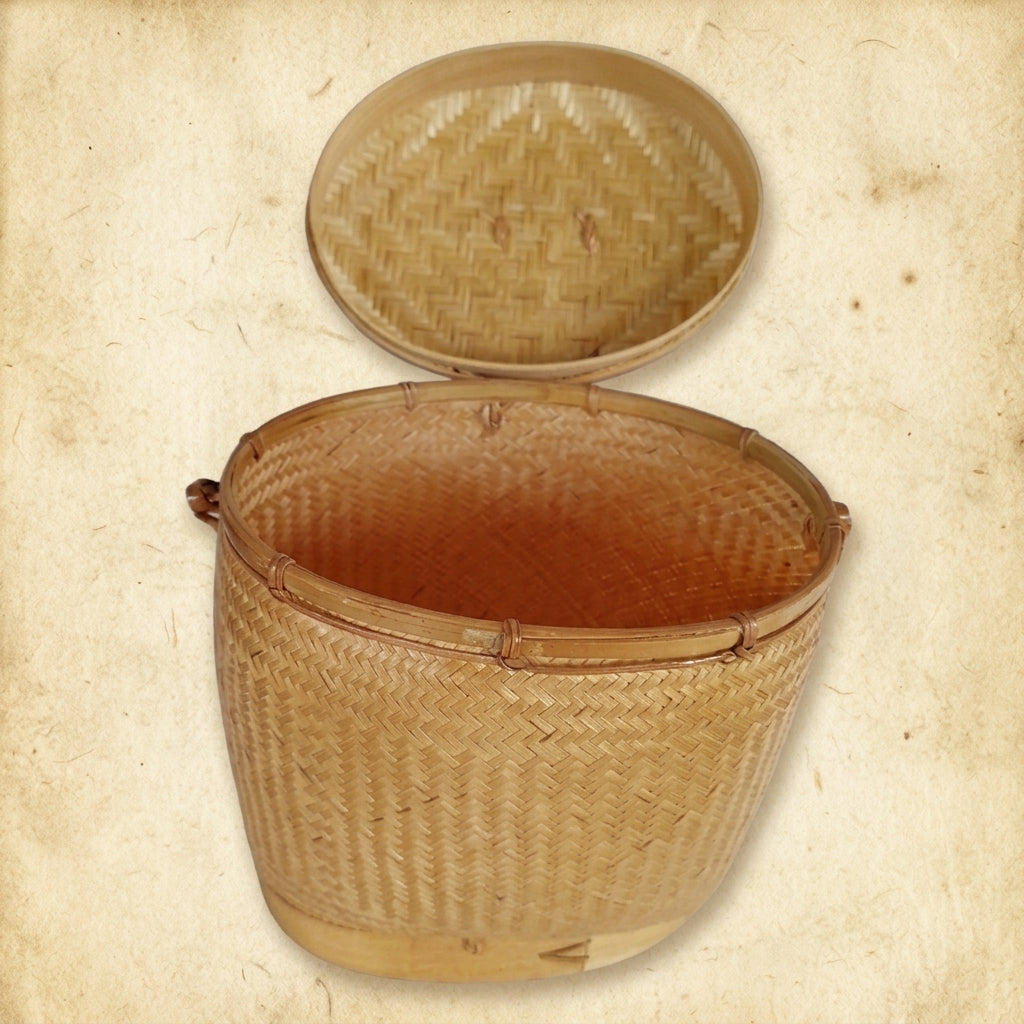 Handmade Oval Bamboo Basket Bag – Vintage Woven Handbag with Lid