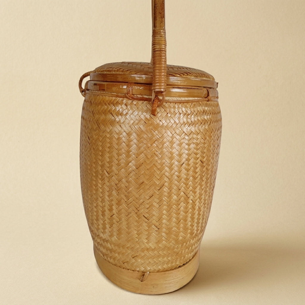 Handmade Oval Bamboo Basket Bag – Vintage Woven Handbag with Lid