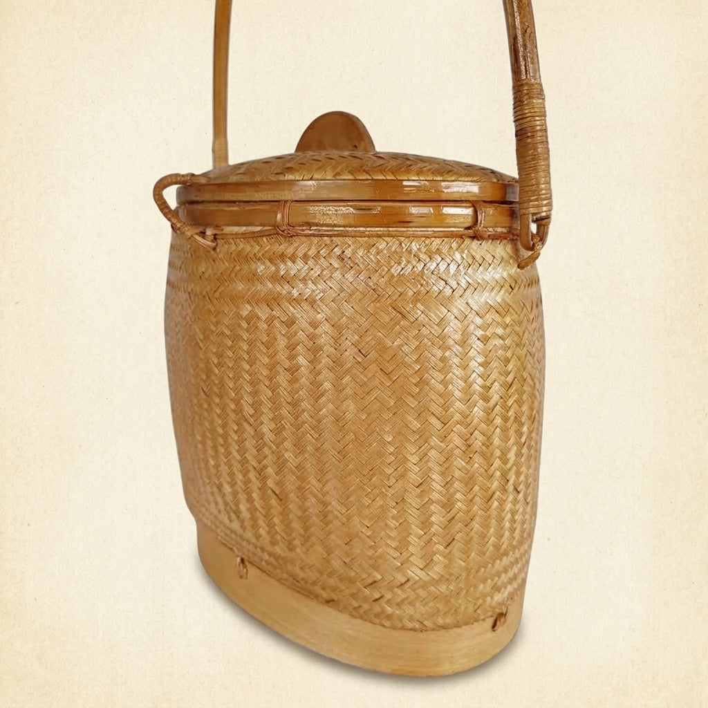 Handmade Oval Bamboo Basket Bag – Vintage Woven Handbag with Lid