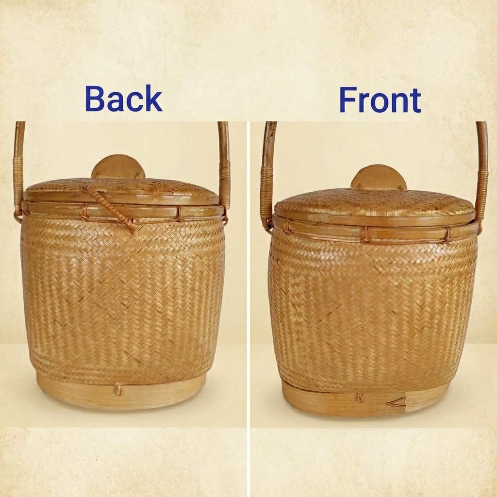 Handmade Oval Bamboo Basket Bag – Vintage Woven Handbag with Lid
