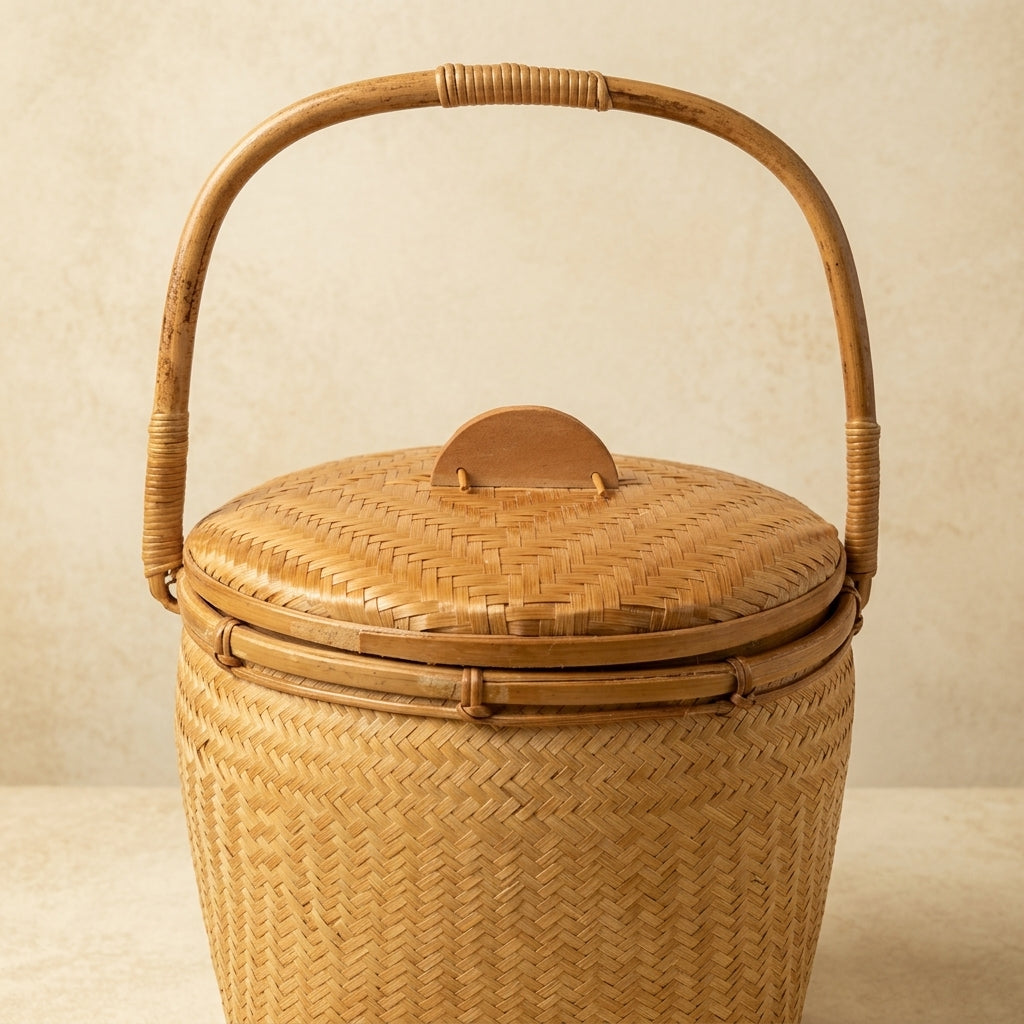 Handmade Oval Bamboo Basket Bag – Vintage Woven Handbag with Lid