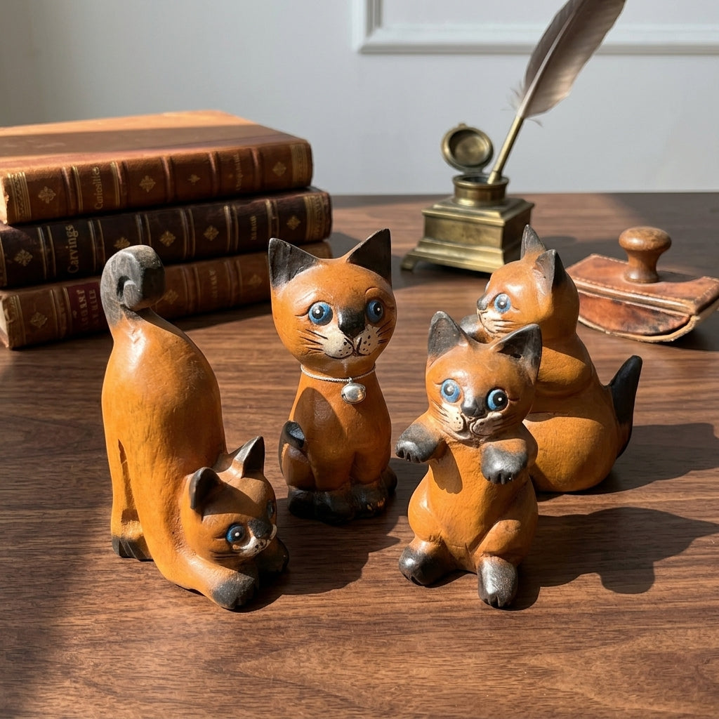 Handcrafted wooden cat figurine in a playful pose